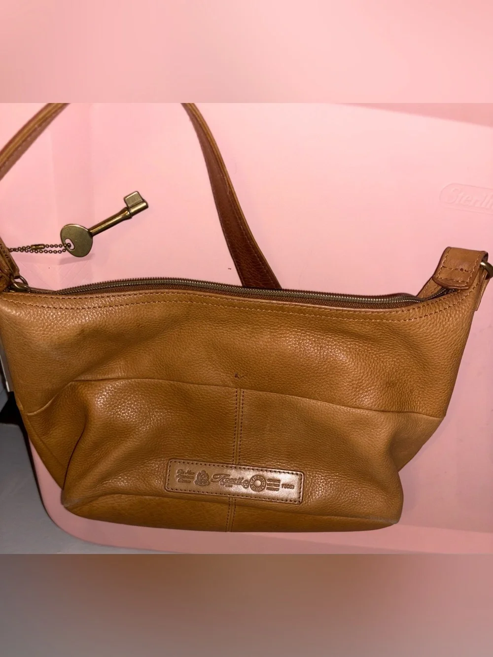 Fossil Cognac Pebbled Leather Hobo Bag with Key Charm